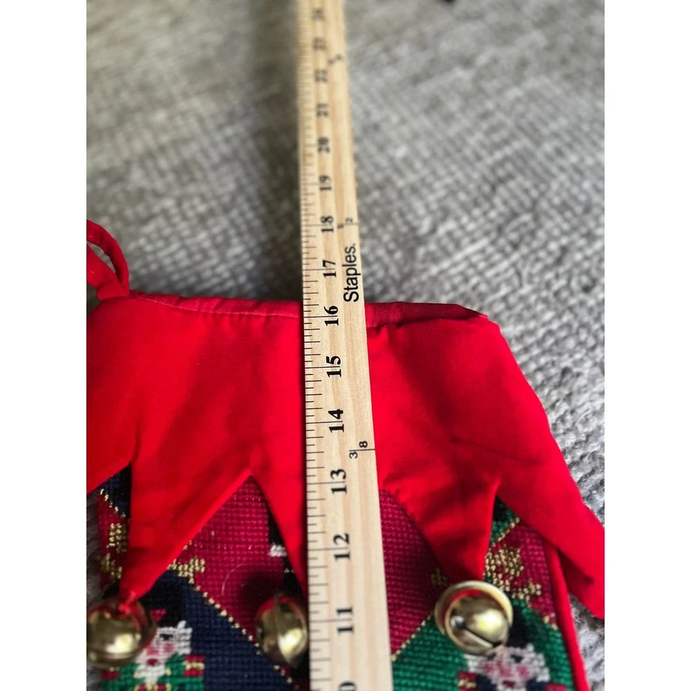 Vintage Needlepoint Christmas Stocking Nutcracker Harlequin Jingle Bells Red